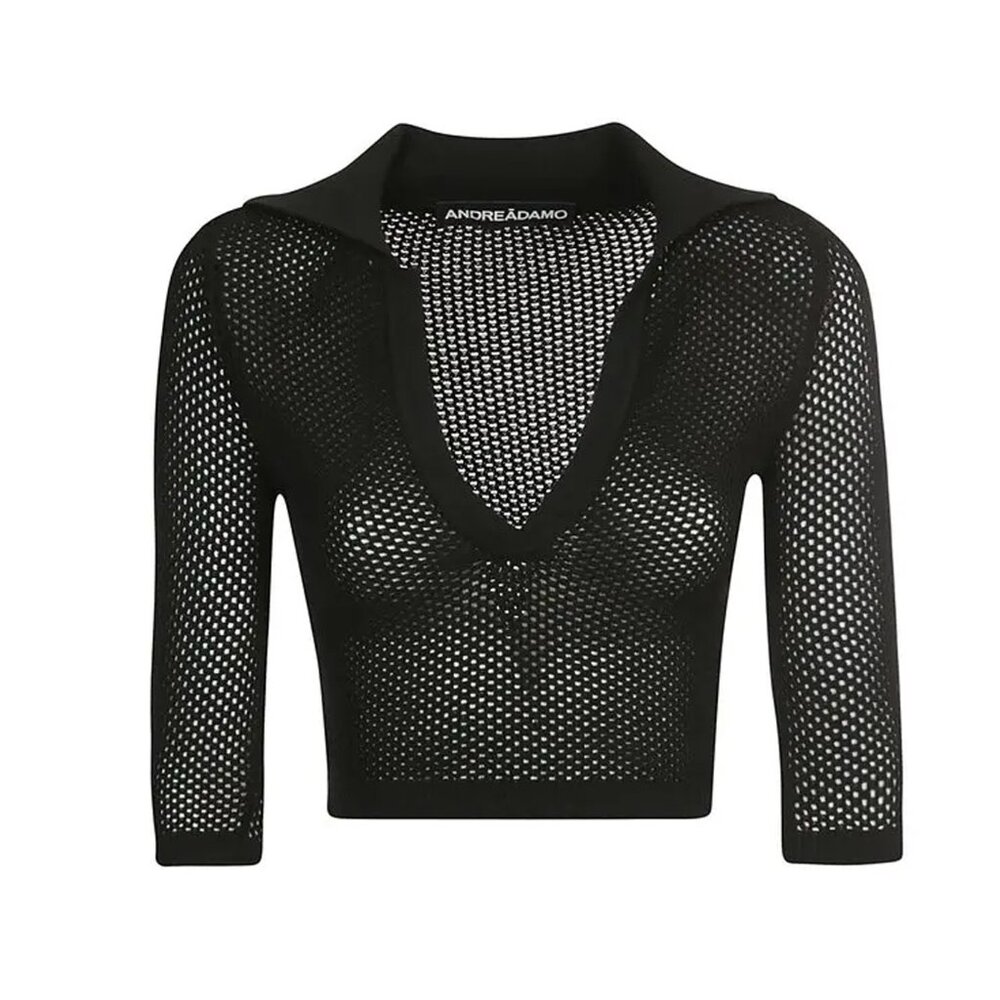 ANDREĀDAMO Black Cropped Fishnet Polo – Size L
